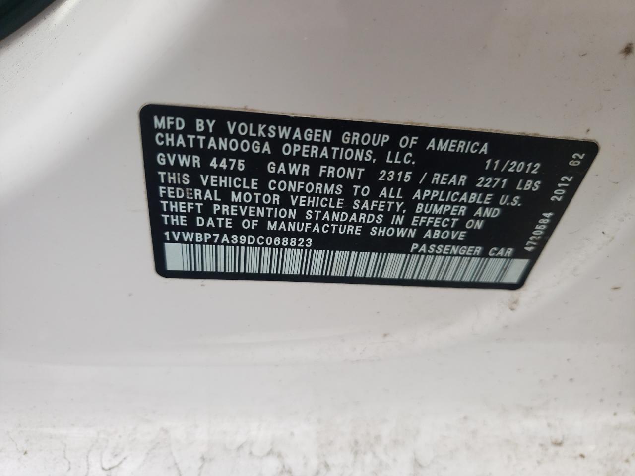 2013 Volkswagen Passat Se VIN: 1VWBP7A39DC068823 Lot: 63277965
