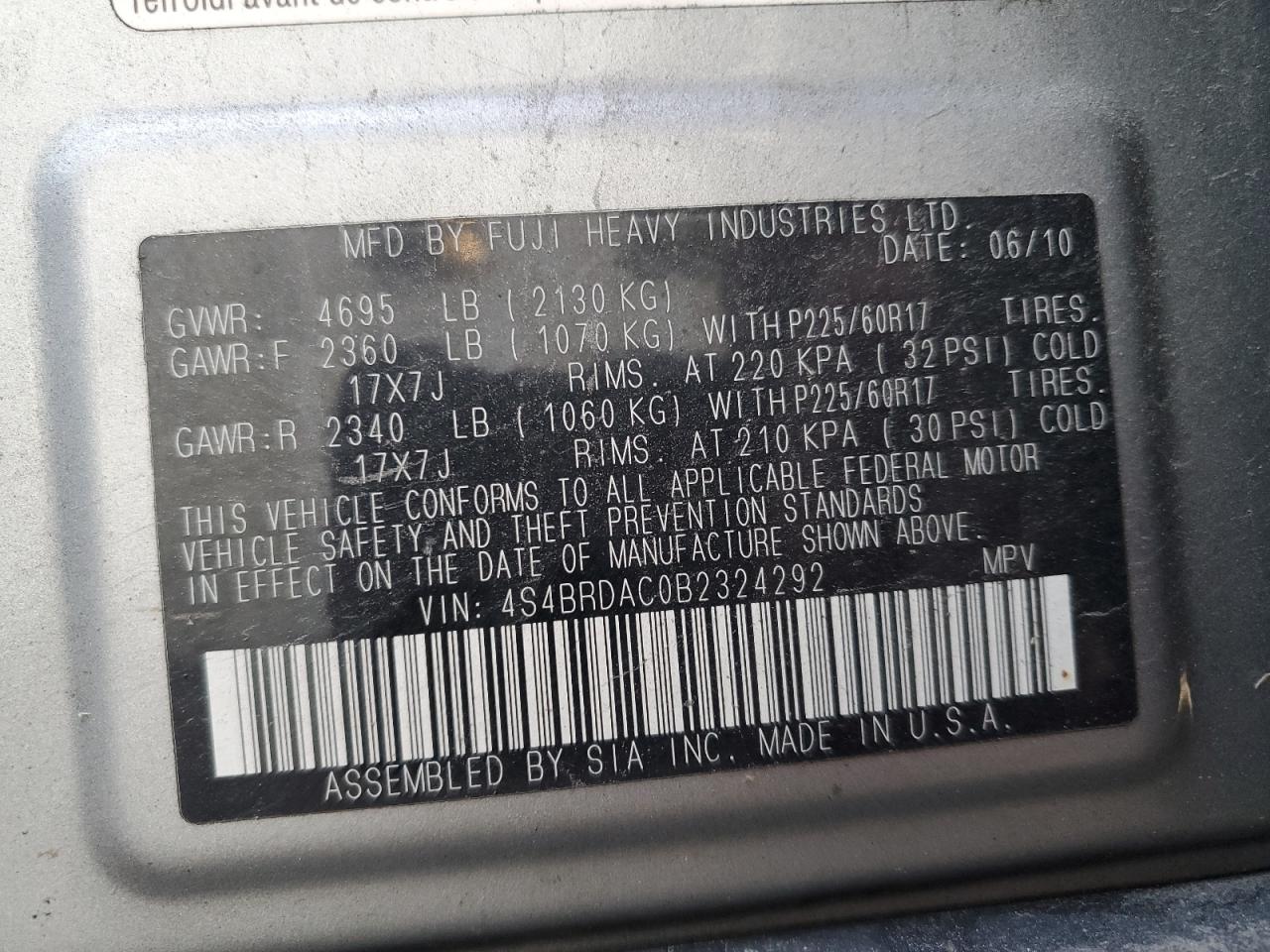 2011 Subaru Outback 3.6R VIN: 4S4BRDAC0B2324292 Lot: 62490265