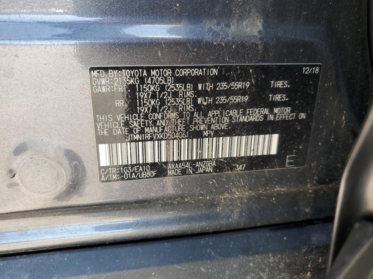 JTMN1RFVXKD504061 TOYOTA RAV4 2019