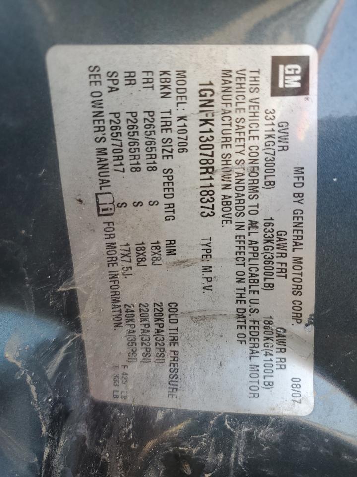 2008 Chevrolet Tahoe K1500 VIN: 1GNFK13078R118373 Lot: 65570015