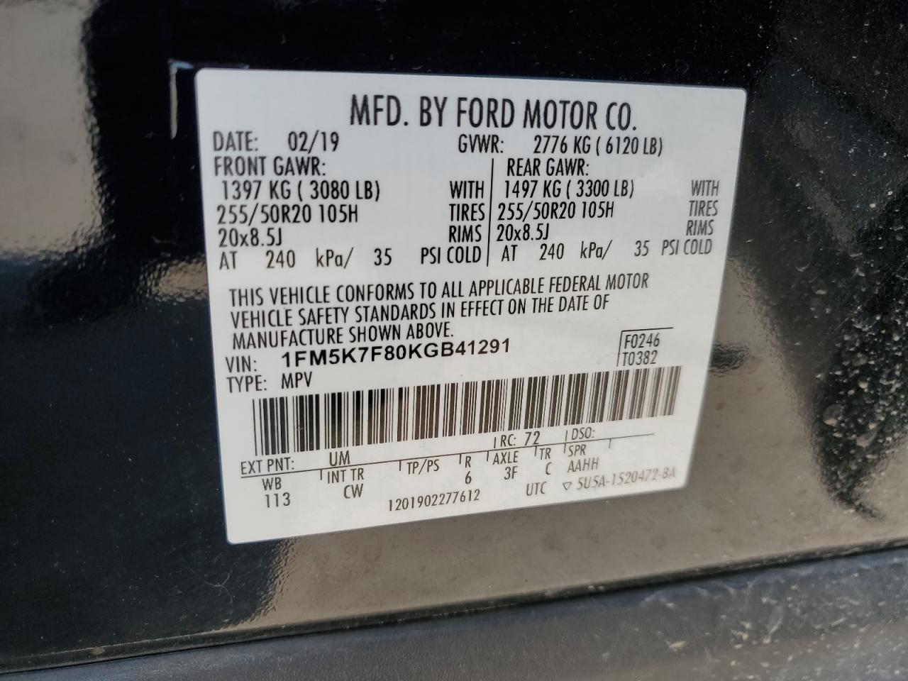 2019 Ford Explorer Limited VIN: 1FM5K7F80KGB41291 Lot: 64194265