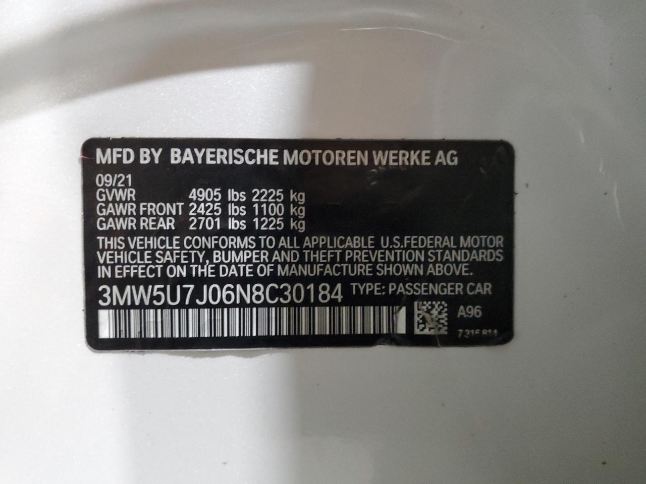 2022 BMW M340I VIN: 3MW5U7J06N8C30184 Lot: 64065305