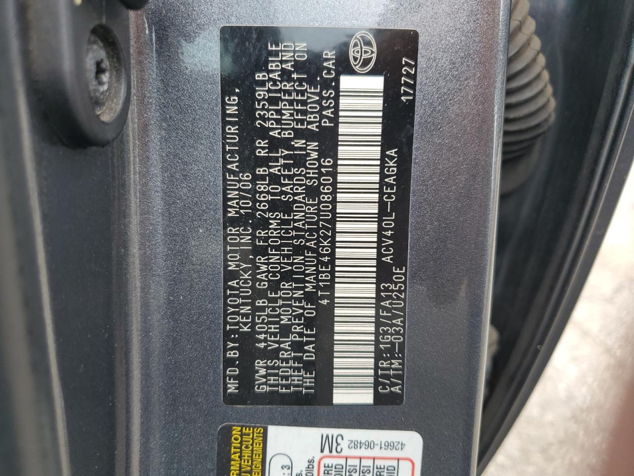 2007 Toyota Camry Ce VIN: 4T1BE46K27U086016 Lot: 64753185