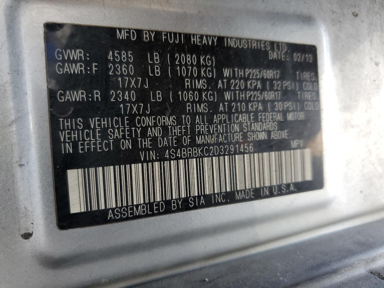 2013 Subaru Outback 2.5I Limited VIN: 4S4BRBKC2D3291456 Lot: 64230655