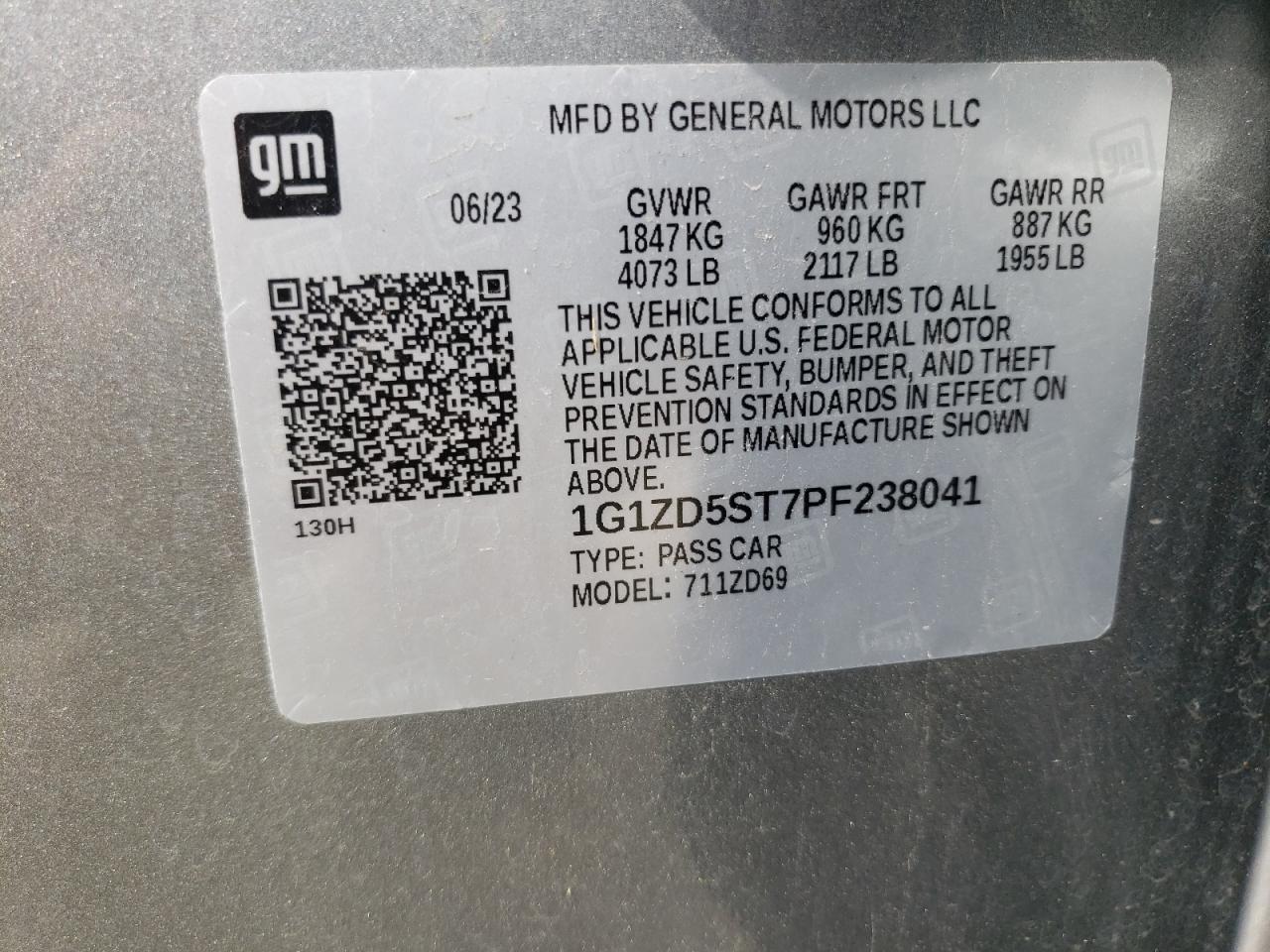 2023 Chevrolet Malibu Lt VIN: 1G1ZD5ST7PF238041 Lot: 65276315