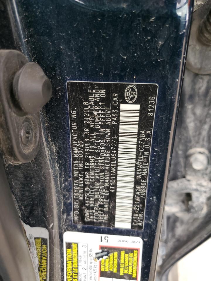 2020 Toyota Camry Le VIN: 4T1C11AK0LU947371 Lot: 63761145