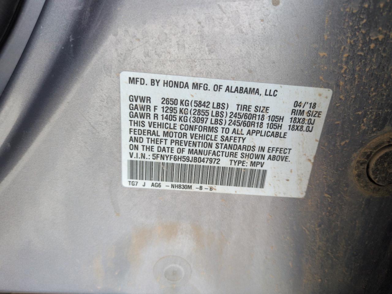 5FNYF6H59JB047972 HONDA PILOT 2018
