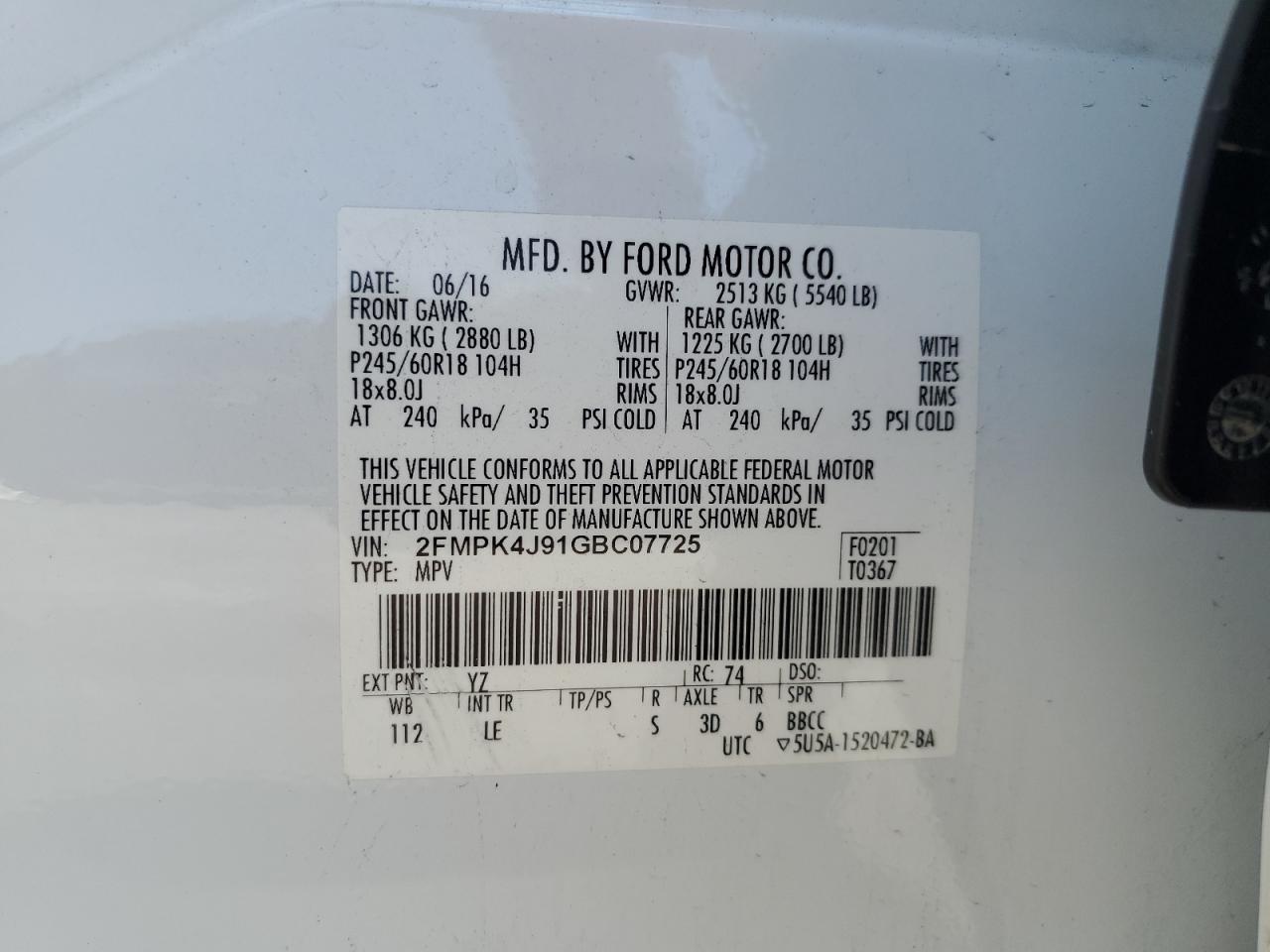2016 Ford Edge Sel VIN: 2FMPK4J91GBC07725 Lot: 65092115
