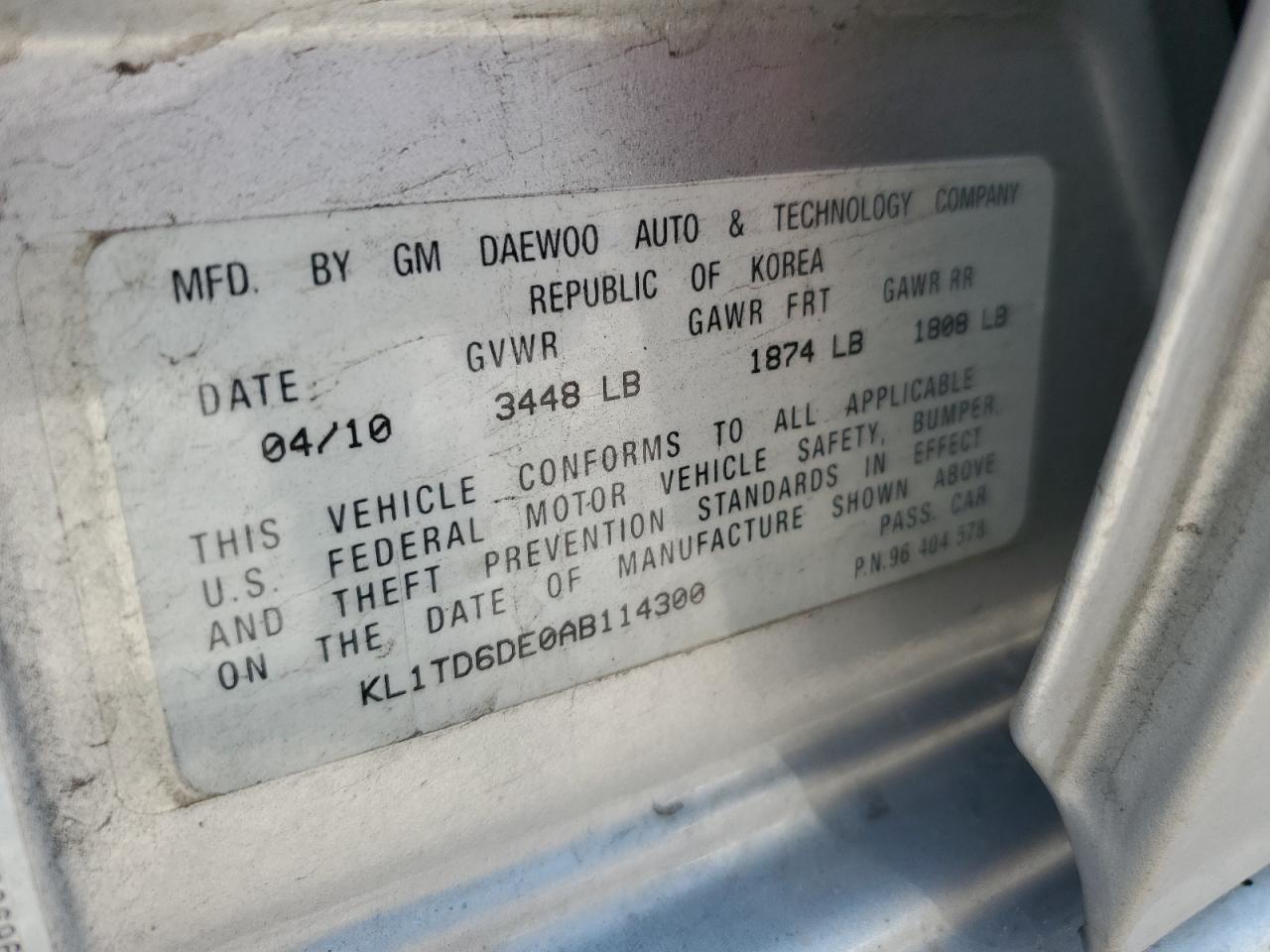 kl1td6de0ab114300 KL1TD6DE0AB114300 2010 Chevrolet Aveo Ls