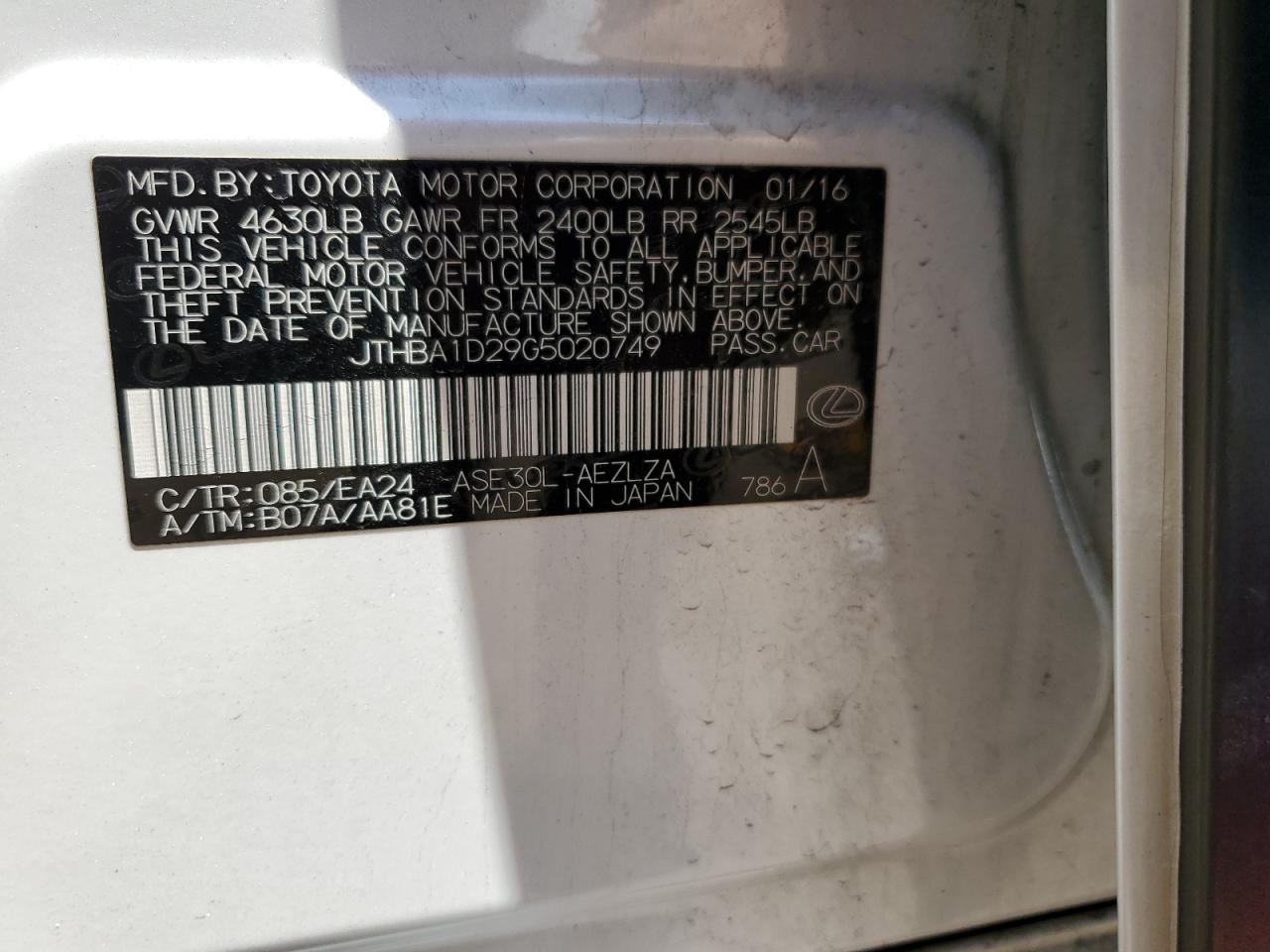 2016 Lexus Is 200T VIN: JTHBA1D29G5020749 Lot: 63348055