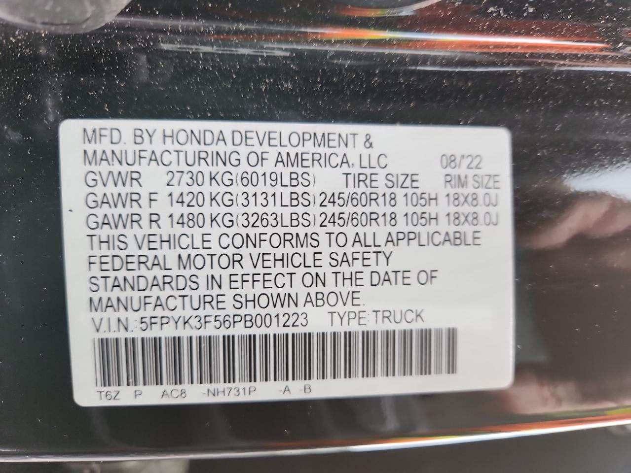 2023 Honda Ridgeline Rtl VIN: 5FPYK3F56PB001223 Lot: 64393705