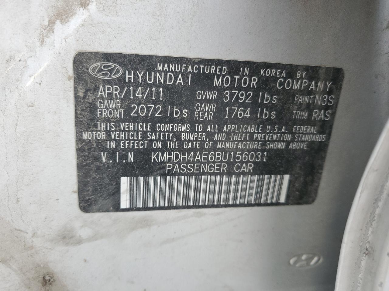2011 Hyundai Elantra Gls VIN: KMHDH4AE6BU156031 Lot: 64982285