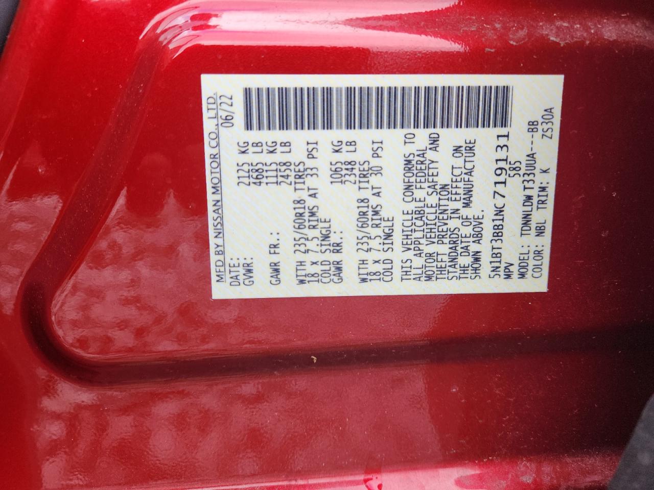 2022 Nissan Rogue Sv VIN: 5N1BT3BB1NC719131 Lot: 63482455