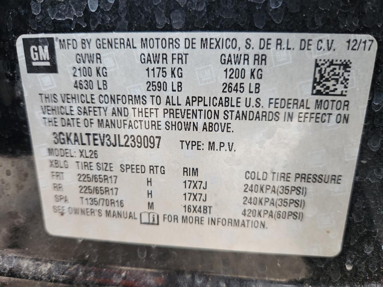 2018 GMC Terrain Sle VIN: 3GKALTEV3JL239097 Lot: 63163625