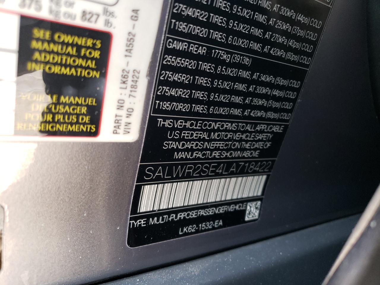 2020 Land Rover Range Rover Sport P525 Hse VIN: SALWR2SE4LA718422 Lot: 64417025