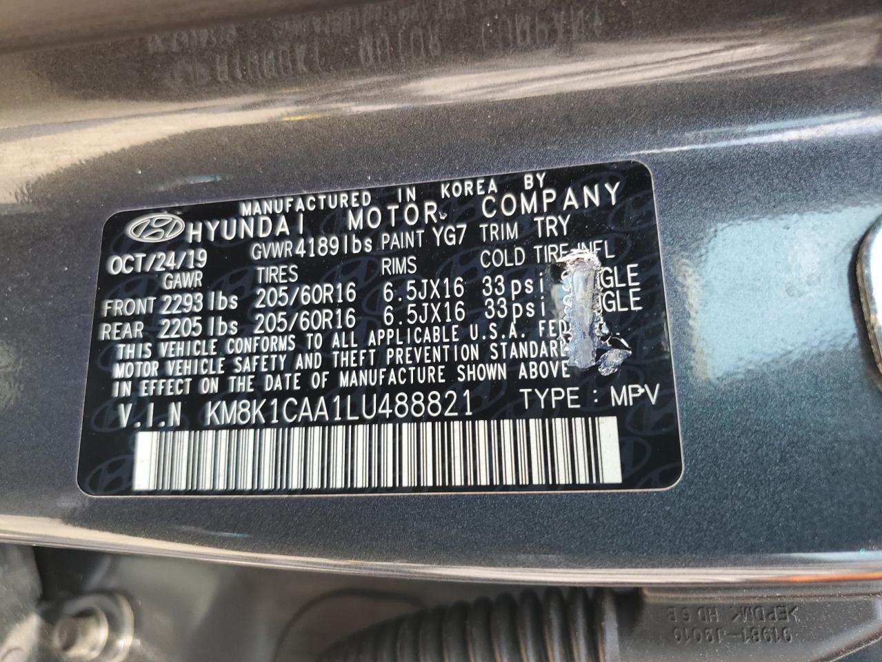 2020 Hyundai Kona Se VIN: KM8K1CAA1LU488821 Lot: 63499625