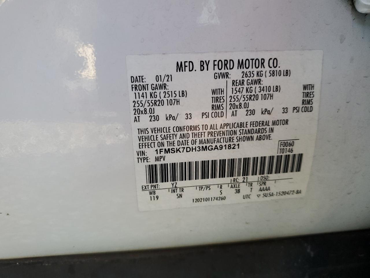 2021 Ford Explorer Xlt VIN: 1FMSK7DH3MGA91821 Lot: 62672635