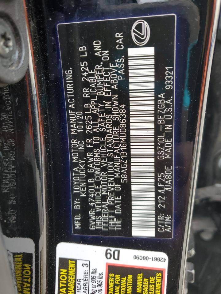2021 Lexus Es 350 Base VIN: 58AGZ1B16MU086384 Lot: 63627565