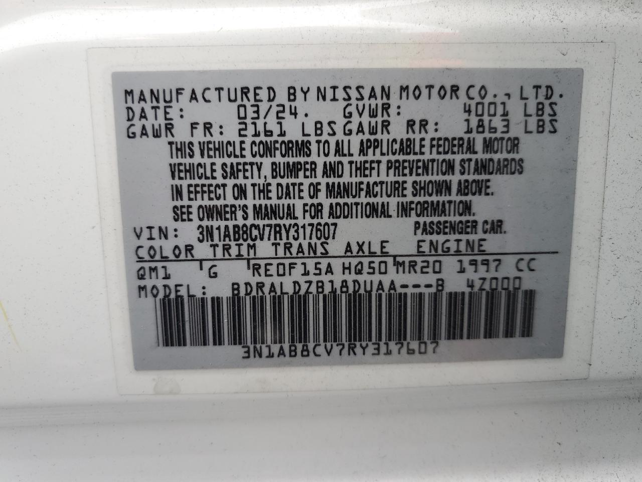 2024 Nissan Sentra Sv VIN: 3N1AB8CV7RY317607 Lot: 64734275