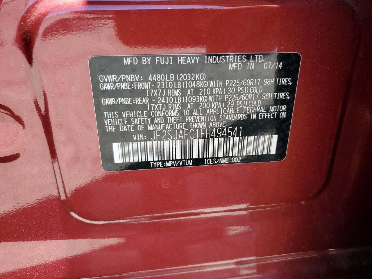 2015 Subaru Forester 2.5I Premium VIN: JF2SJAFC1FH494541 Lot: 65030025