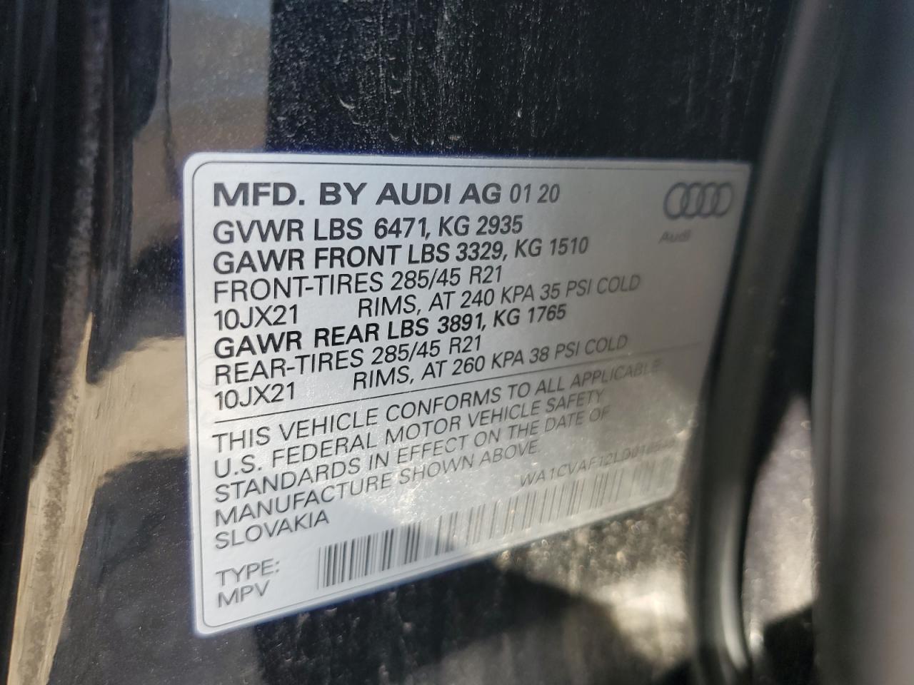 2020 Audi Q8 Prestige VIN: WA1CVAF12LD016549 Lot: 59866565