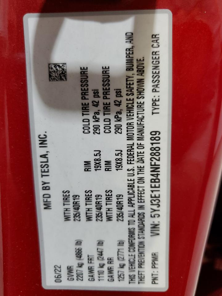 2022 Tesla Model 3 VIN: 5YJ3E1EB4NF288189 Lot: 64571985