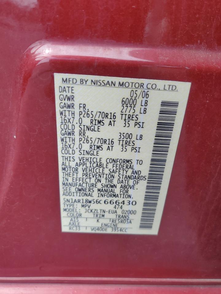 2006 Nissan Pathfinder Le VIN: 5N1AR18W56C666430 Lot: 65272165