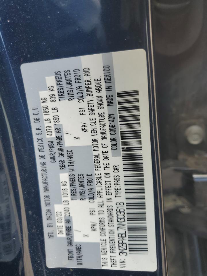 2022 Mazda 3 Select VIN: 3MZBPABL7NM303618 Lot: 64526265