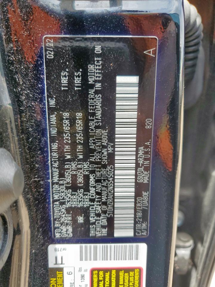 2022 Toyota Highlander Xle VIN: 5TDHZRAH2NS545025 Lot: 62601765