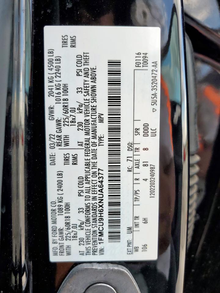 2022 Ford Escape Sel VIN: 1FMCU9H6XNUA64377 Lot: 64999235