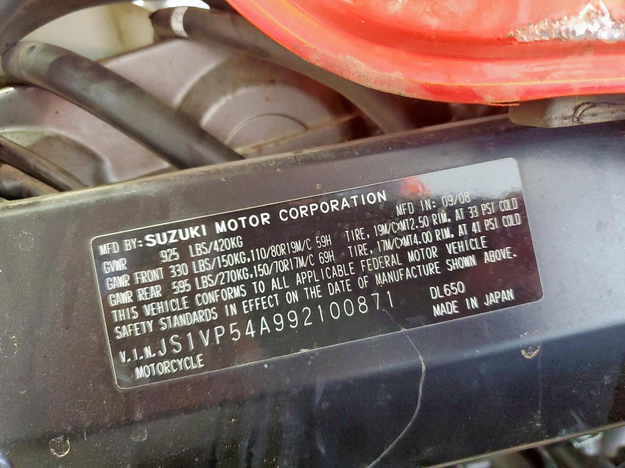 2009 Suzuki Dl650 VIN: JS1VP54A992100871 Lot: 63195815