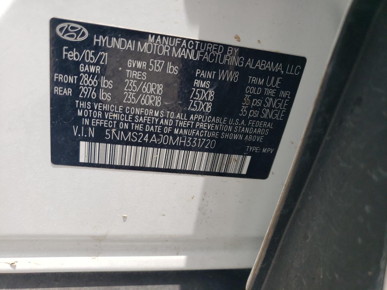 2021 Hyundai Santa Fe Sel VIN: 5NMS24AJ0MH331720 Lot: 63103575