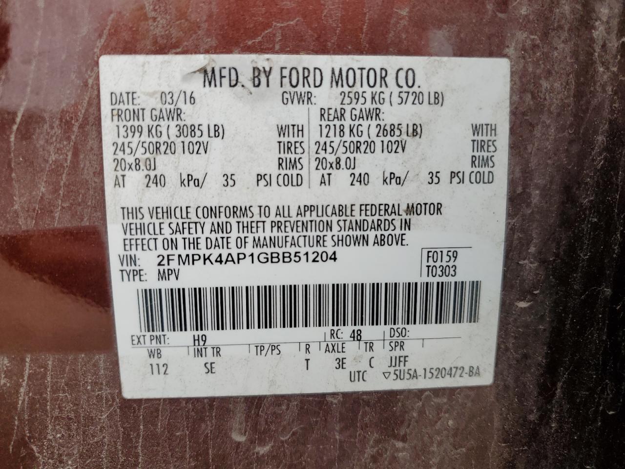 2016 Ford Edge Sport VIN: 2FMPK4AP1GBB51204 Lot: 63462655
