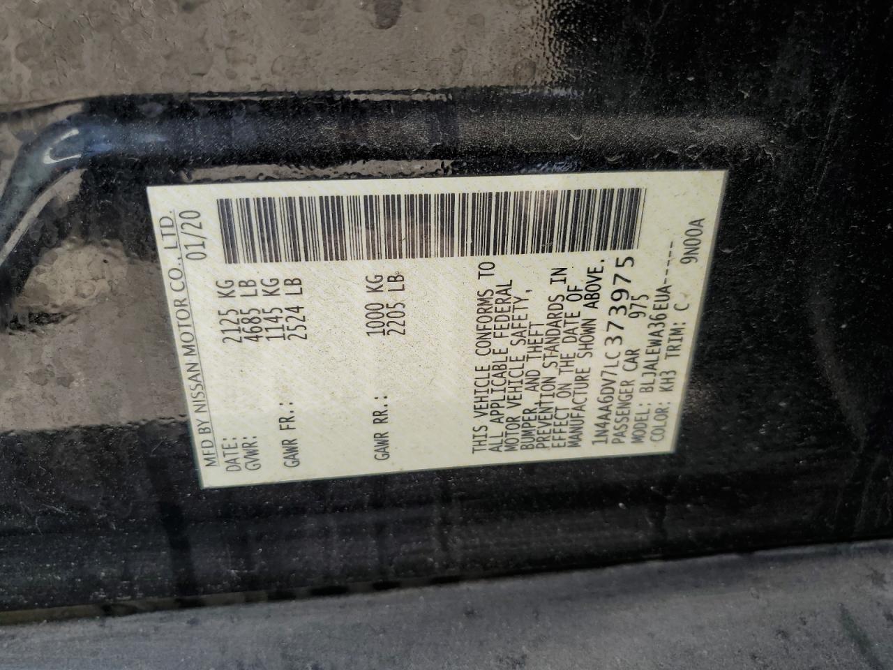 2020 Nissan Maxima Sl VIN: 1N4AA6DV7LC373975 Lot: 64184925