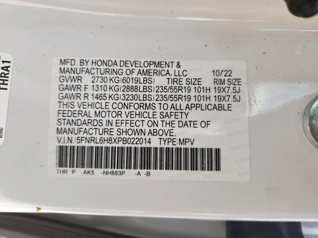 2023 Honda Odyssey Touring VIN: 5FNRL6H8XPB022014 Lot: 62944125