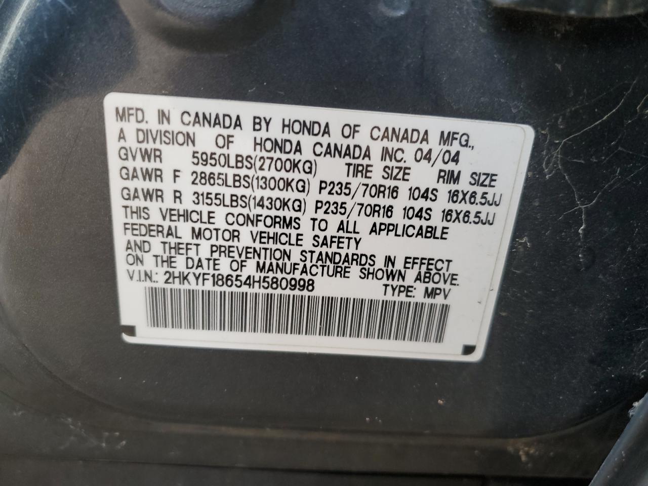 2004 Honda Pilot Exl VIN: 2HKYF18654H580998 Lot: 64820265