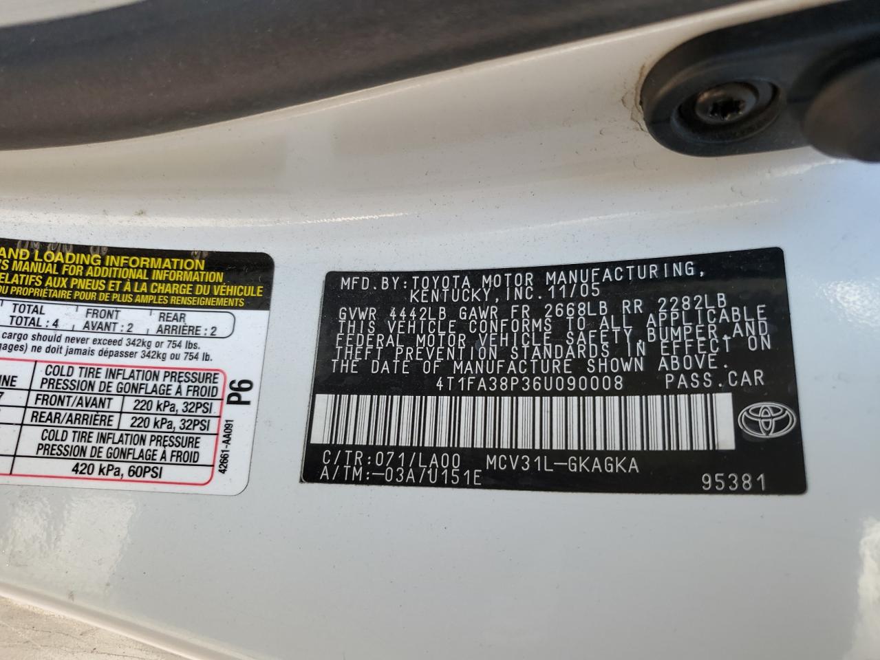 2006 Toyota Camry Solara Se VIN: 4T1FA38P36U090008 Lot: 63927745