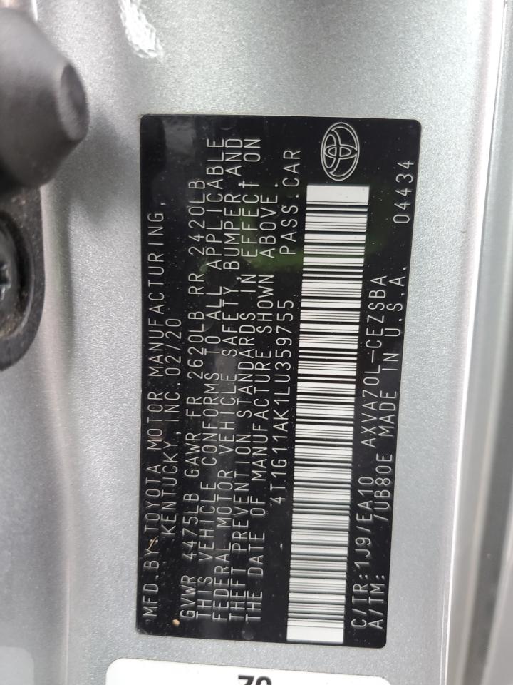 2020 Toyota Camry Se VIN: 4T1G11AK1LU359755 Lot: 63137375