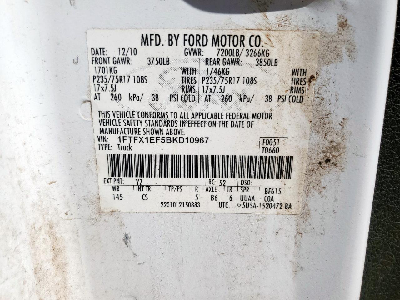 2011 Ford F150 Super Cab VIN: 1FTFX1EF5BKD10967 Lot: 66329365