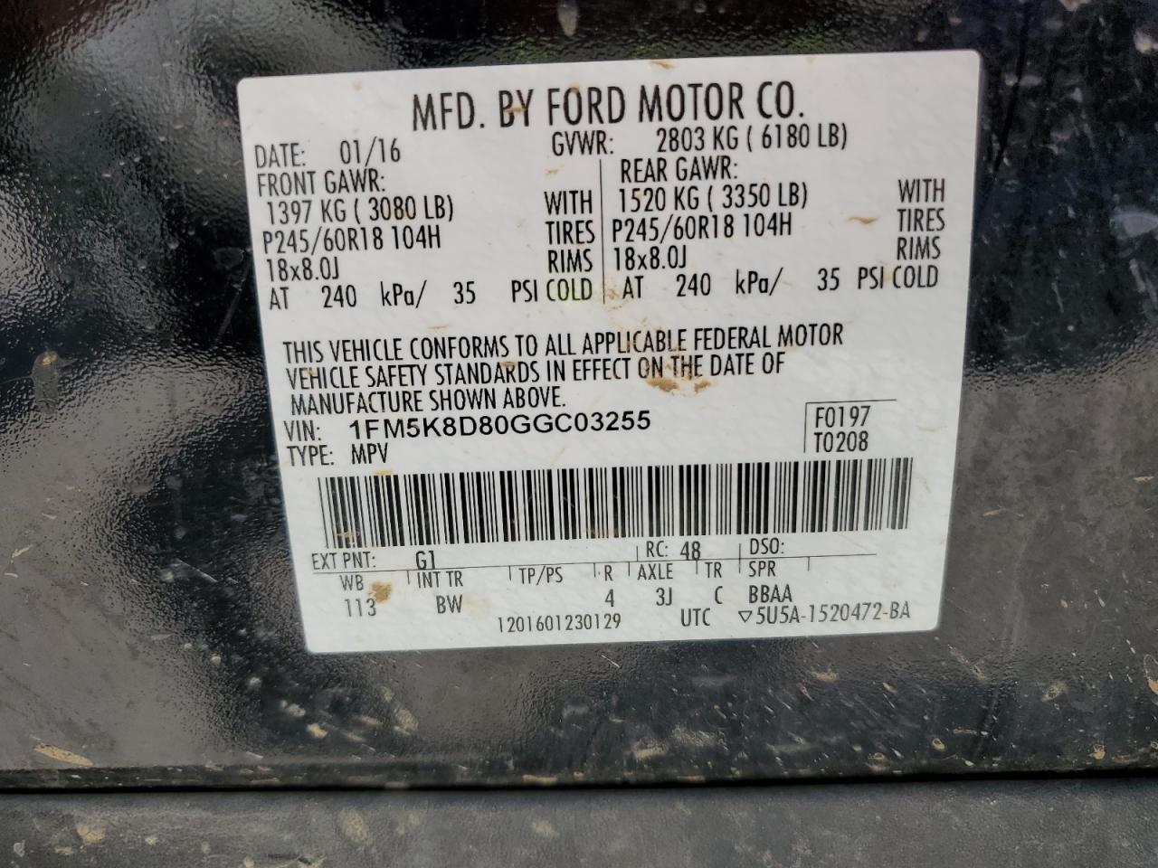 2016 Ford Explorer Xlt VIN: 1FM5K8D80GGC03255 Lot: 65152005