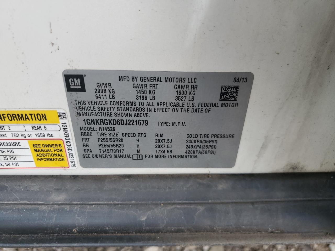 2013 Chevrolet Traverse Lt VIN: 1GNKRGKD6DJ221679 Lot: 64987205