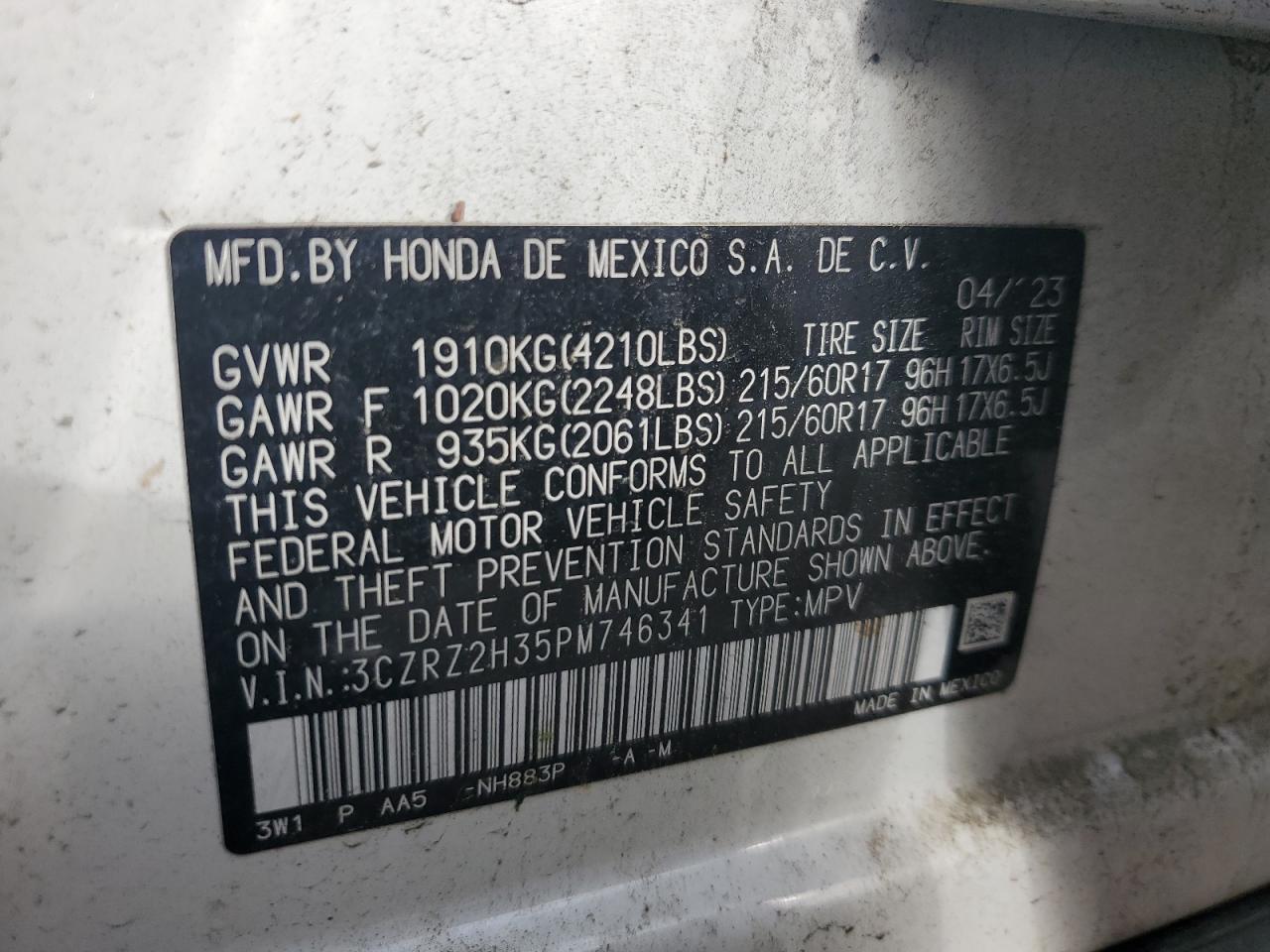 2023 Honda Hr-V Lx VIN: 3CZRZ2H35PM746341 Lot: 64758485