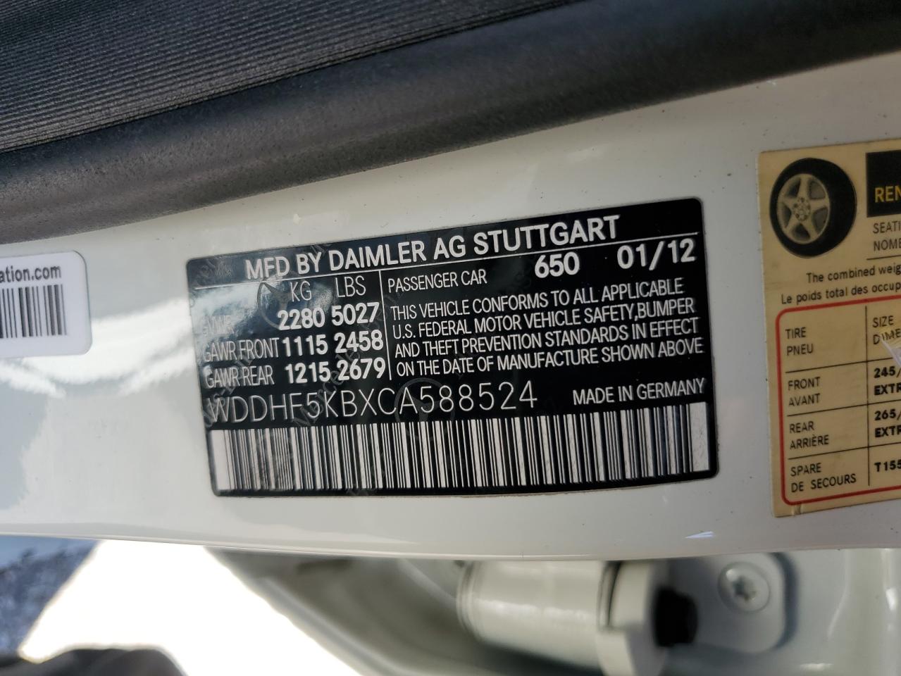 2012 Mercedes-Benz E 350 VIN: WDDHF5KBXCA588524 Lot: 62986955