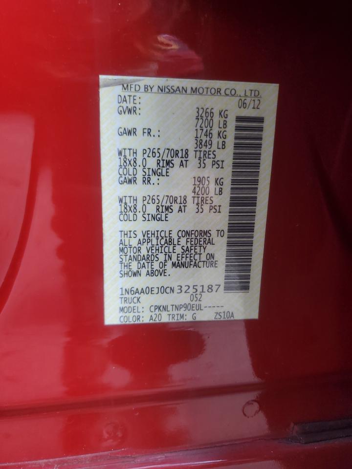 2012 Nissan Titan S VIN: 1N6AA0EJ0CN325187 Lot: 65654435