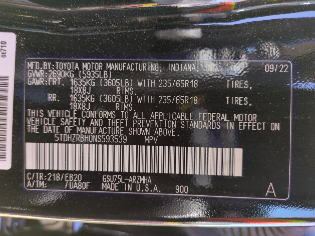2022 Toyota Highlander Xle VIN: 5TDHZRBH0NS593539 Lot: 64037635