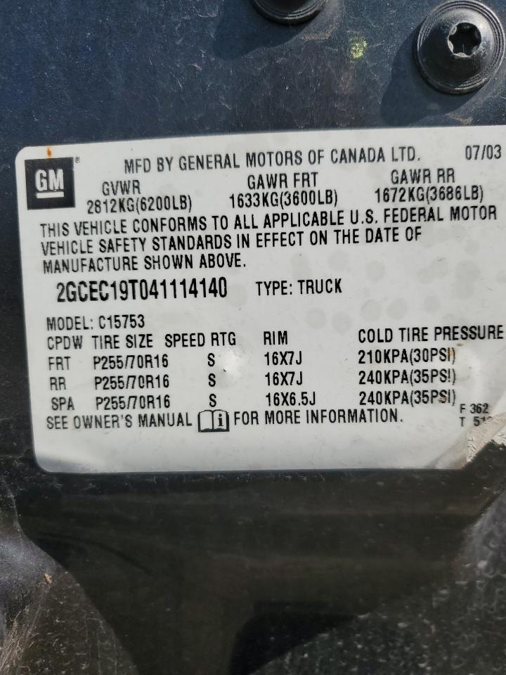 2004 Chevrolet Silverado C1500 VIN: 2GCEC19T041114140 Lot: 64583215