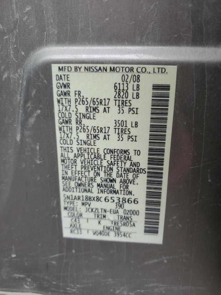 2008 Nissan Pathfinder S VIN: 5N1AR18BX8C653866 Lot: 65420455
