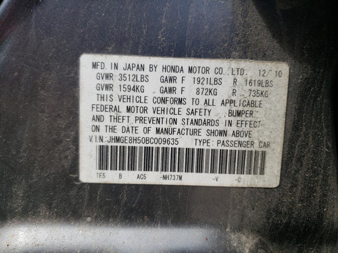 2011 Honda Fit Sport VIN: JHMGE8H50BC009635 Lot: 63756535