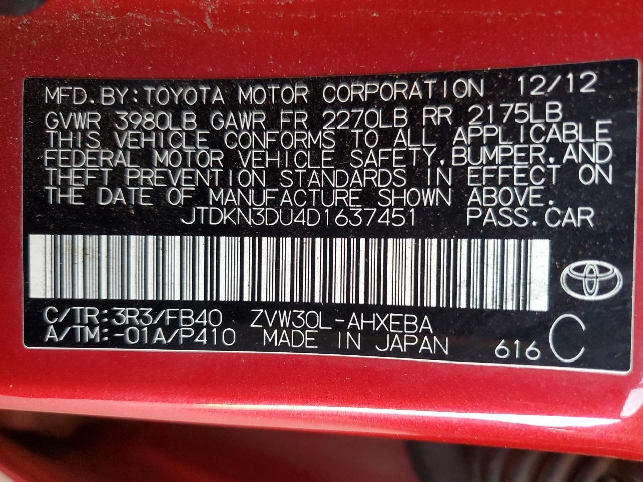 2013 Toyota Prius VIN: JTDKN3DU4D1637451 Lot: 65587235