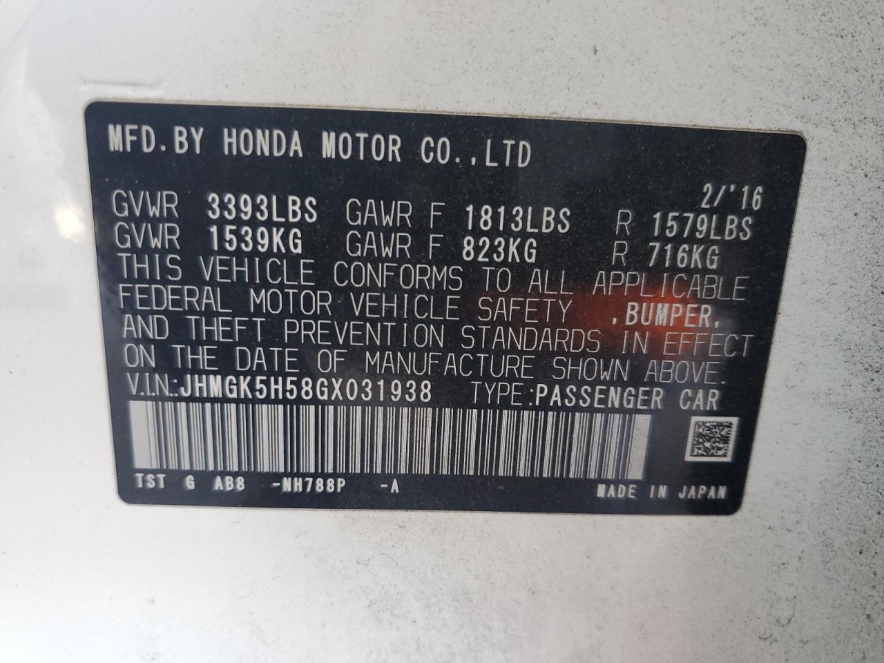 2016 Honda Fit Lx VIN: JHMGK5H58GX031938 Lot: 63101705